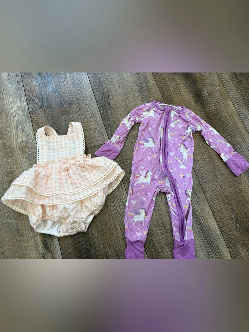 Joei Ruffle Romper + little sleepies Purple Unicorn pjs bundle 3-6 months girls